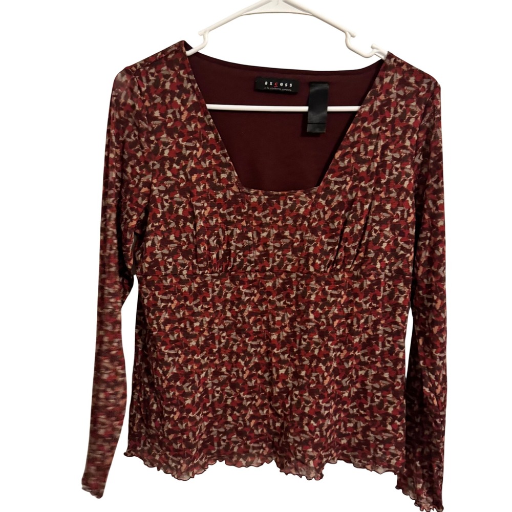 Axcess Liz Claiborne Womens Mesh Overlay Abstract Print Square Neck Top Burgundy